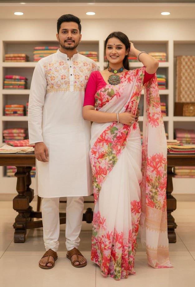 কাপল ড্রেস কালেকশন চান্দুরি সিল্ক শাড়ি ও ধুপিয়ান পাঞ্জাবি